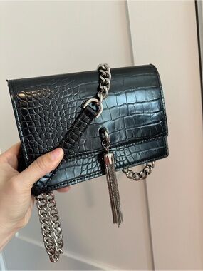 Black Croc-Embossed Chain Tassel Crossbody Bag